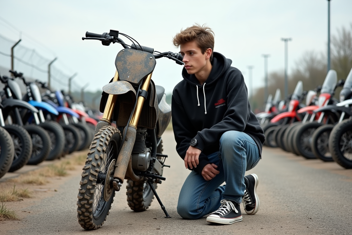Jeune homme inspectant une moto cross 125cc en extérieur