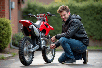 Jeune homme vérifiant la chaîne d'une moto 125cc rouge