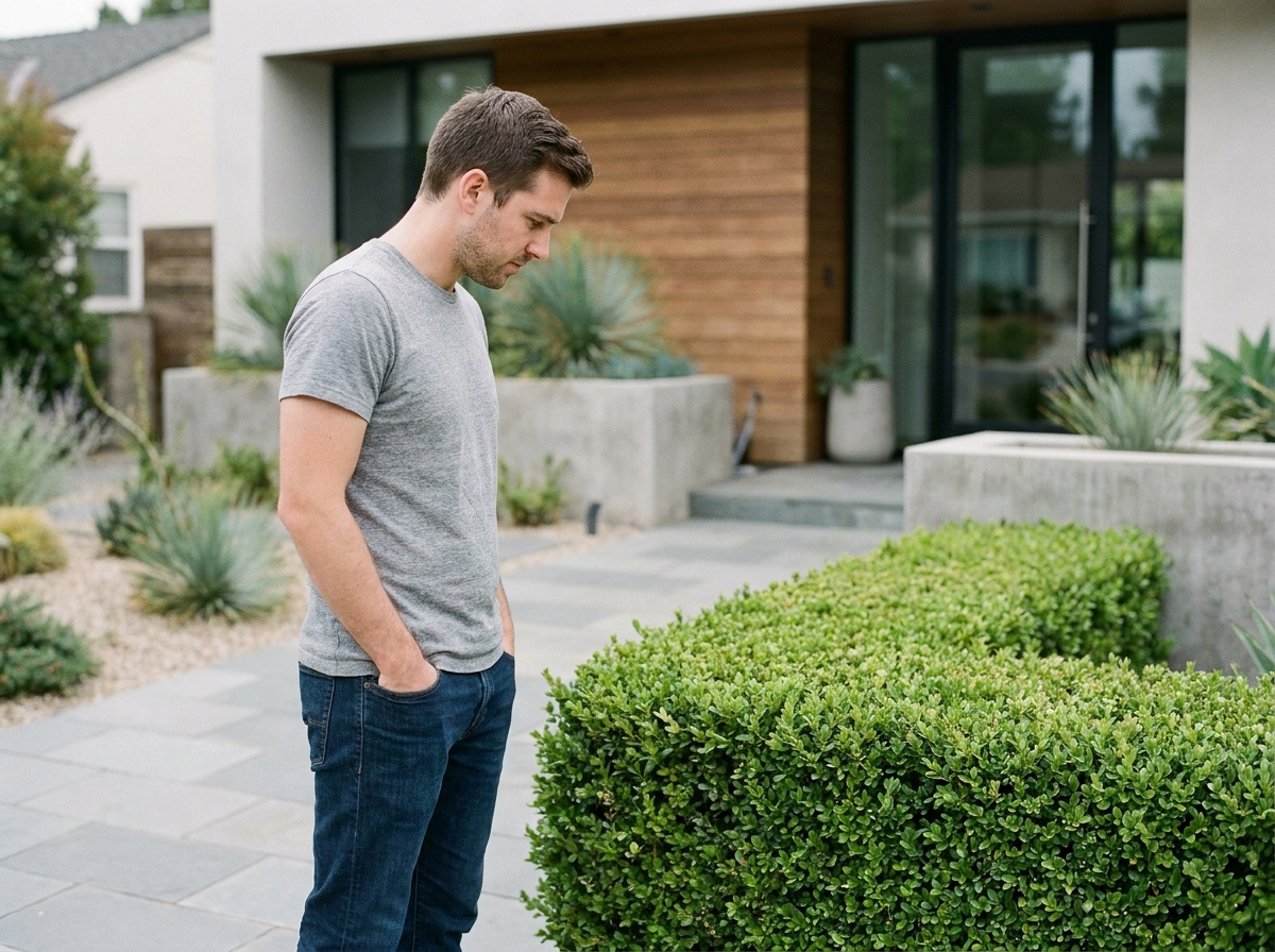 Jeune homme admirant une haie taillée dans son jardin moderne