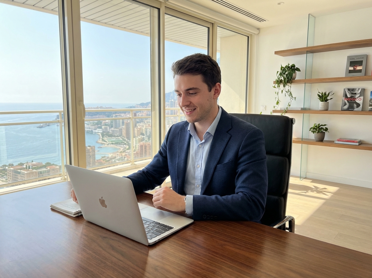 Jeune homme travaillant avec vue sur Monaco