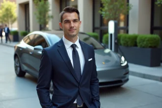 Jeune homme en costume près d'une voiture autonome en ville