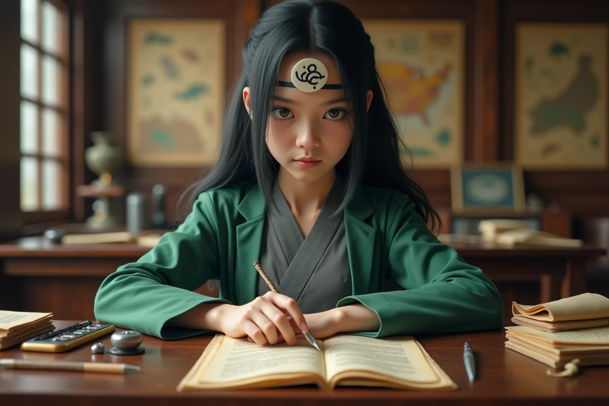 Jeune fille en cosplay Tsunade lisant un scroll dans un bureau