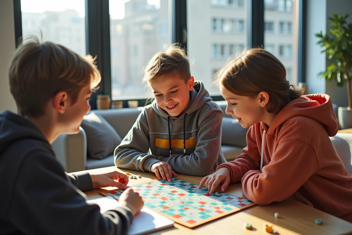 Adolescents jouant au Scrabble dans un appartement moderne