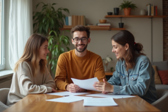 Trois jeunes adultes discutent autour d'une table dans un appartement chaleureux