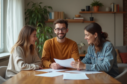 Trois jeunes adultes discutent autour d'une table dans un appartement chaleureux