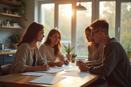 Jeunes adultes signant des documents dans une cuisine lumineuse