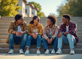 Jeunes africains souriants assis sur des marches en ville
