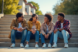 Jeunes africains souriants assis sur des marches en ville