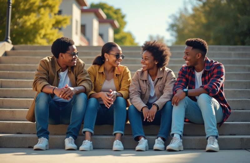 Jeunes africains souriants assis sur des marches en ville