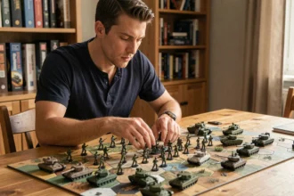 Joueur adulte concentré sur un jeu de guerre tactique avec plateau hexagonal et figurines militaires miniatures