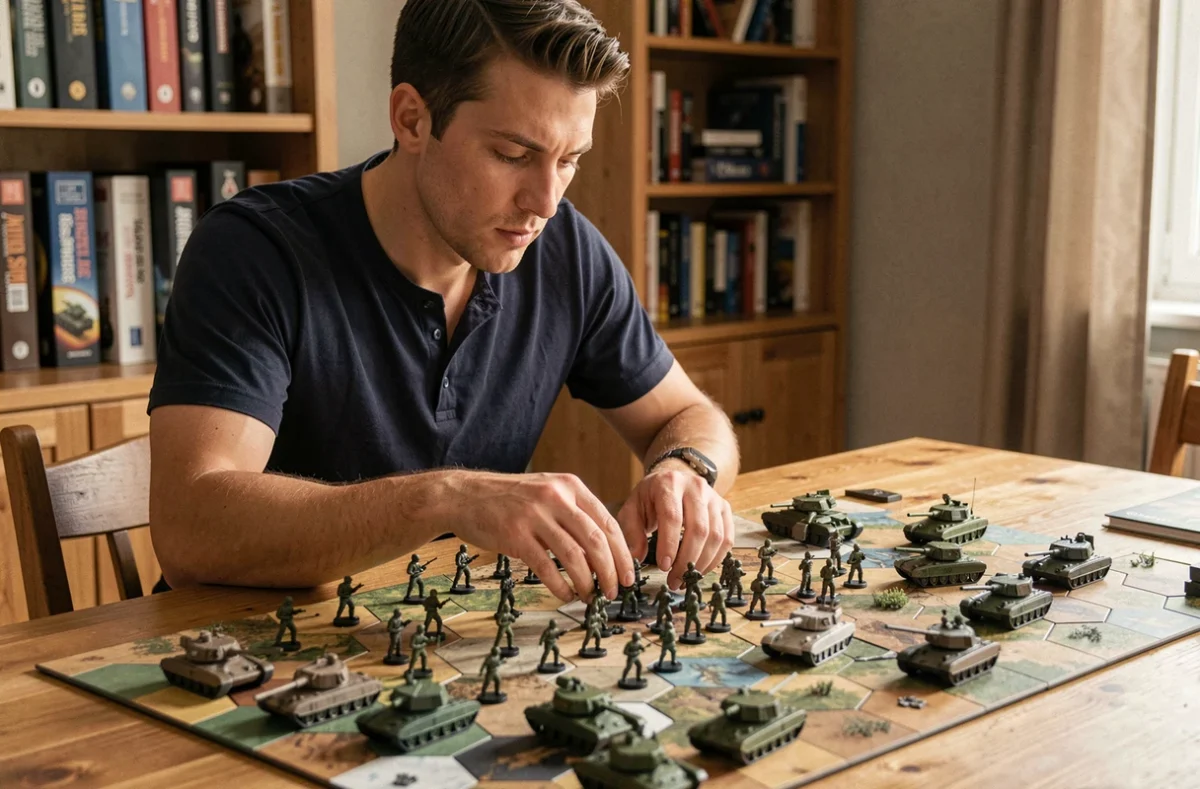 Joueur adulte concentré sur un jeu de guerre tactique avec plateau hexagonal et figurines militaires miniatures