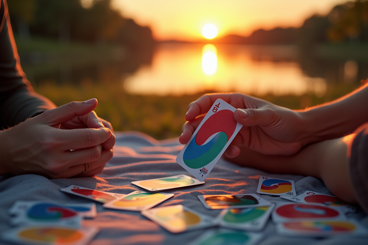 Joueur mélangeant des cartes River Uno au coucher du soleil