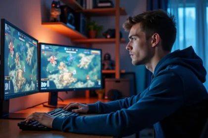 Jeune homme jouant à un war game gratuit en ligne sur un double écran dans un bureau gaming moderne