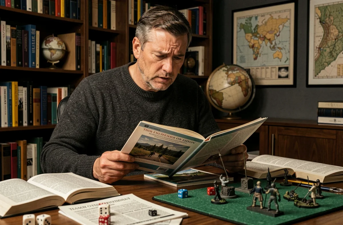 Joueur passionné de wargame consulte des livres de règles tactiques complexes dans un bureau d'étude atmosphérique