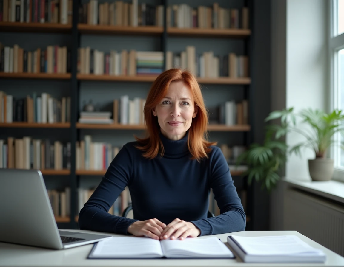 Femme auteure ou journaliste dans son bureau entouré de livres, symbolisant l'écriture respectueuse sur la vie privée