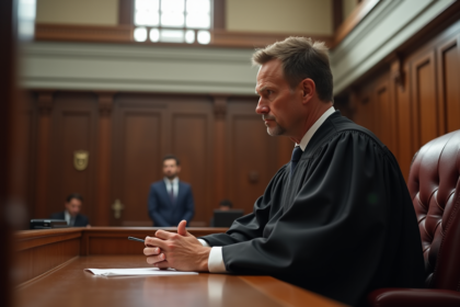 Juge assis dans une salle de justice lumineuse