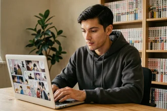 Jeune homme lisant des scans manga en français sur un ordinateur portable à son bureau