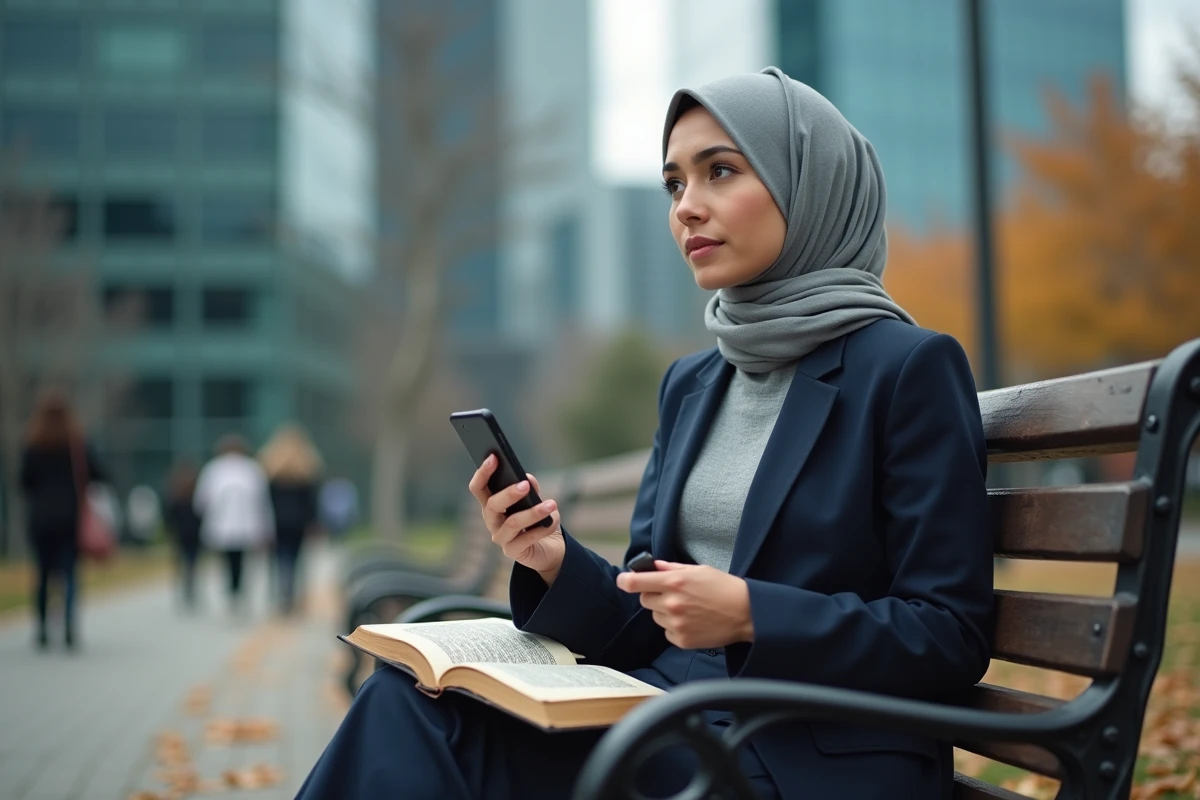 Jeune femme voilée lisant un texte religieux tout en tenant un smartphone dans un parc urbain moderne, illustrant la coexistence du sacré et de la vie contemporaine