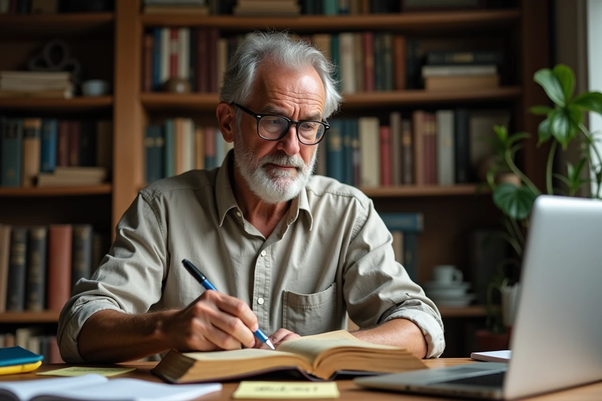 Homme d'âge mûr lisant un livre sacré ancien posé à côté d'un ordinateur portable moderne, symbolisant la confrontation entre tradition religieuse et modernité en 2026