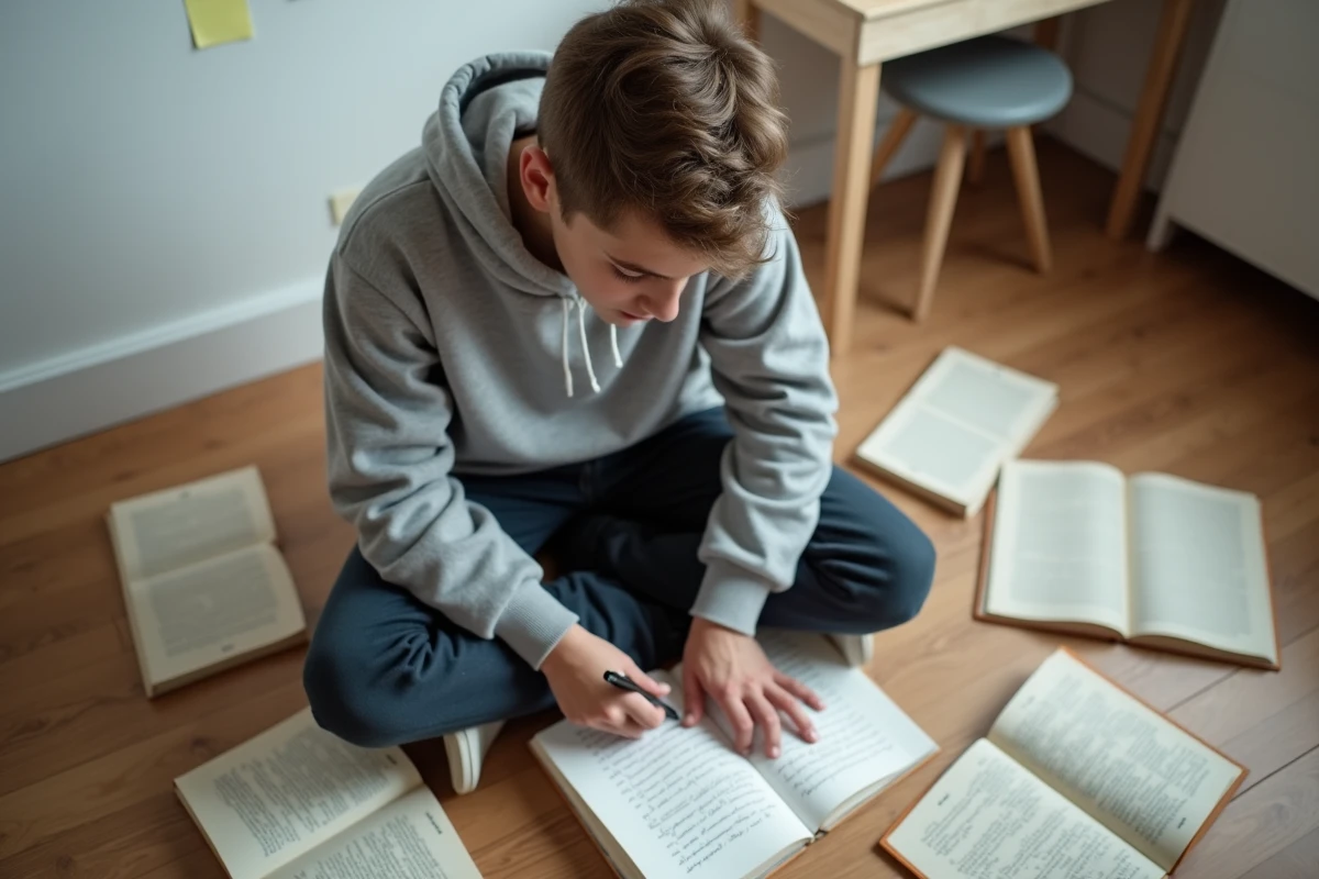 Lycéen annotant un poème de Rimbaud sur ses notes de révision pour intégrer des citations au baccalauréat de français