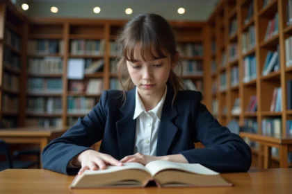 Lycéenne lisant un recueil de poésie d'Arthur Rimbaud dans une bibliothèque scolaire pour préparer le baccalauréat de français
