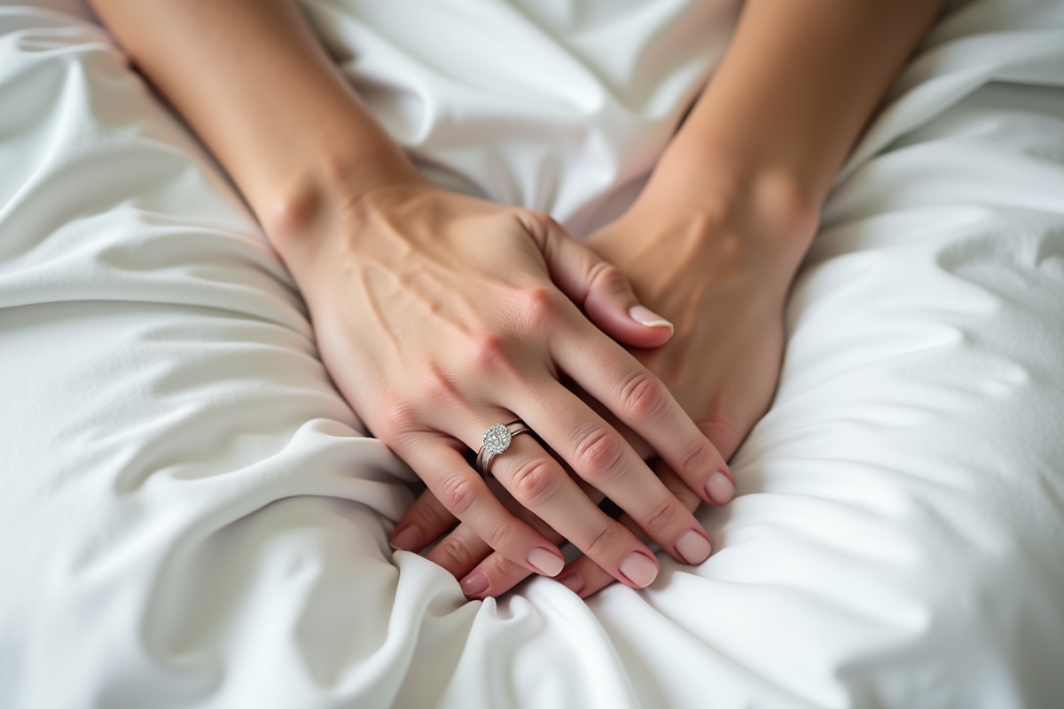 Mains entrelacees avec anneaux de mariage sur drap blanc
