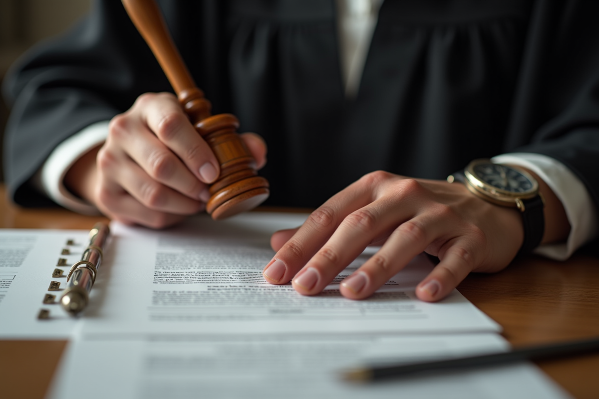Mains de juge tenant un marteau en bois sur documents juridiques