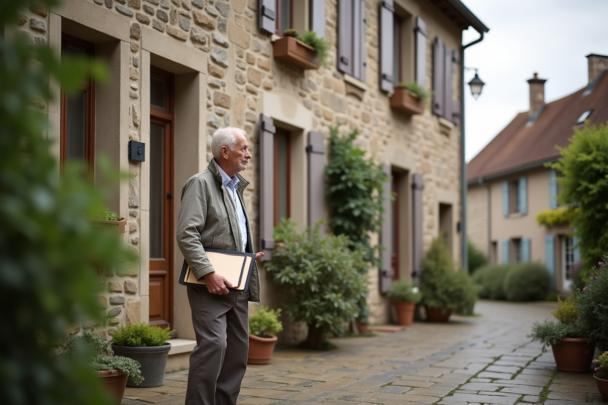Homme devant maison de village avec formulaire de taxe foncière
