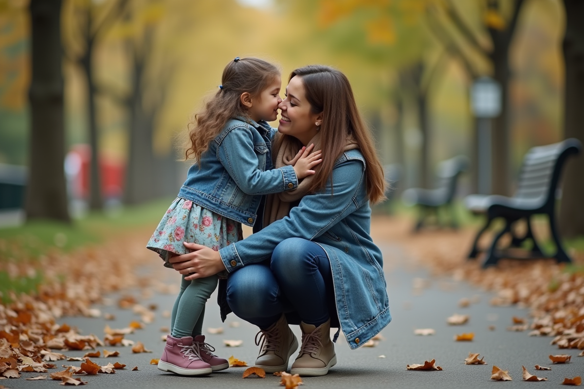 Maman et fille souriantes dans un parc en automne