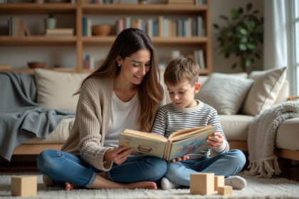 Maman et son enfant lisant un livre dans le salon