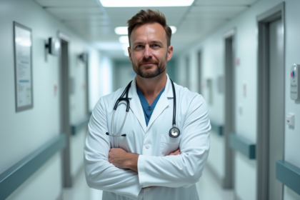 Médecin homme en blouse dans un couloir d'hôpital