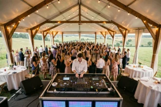 DJ professionnel en performance lors d'un événement festif en plein air dans l'Oise, avec foule dansante et décor champêtre