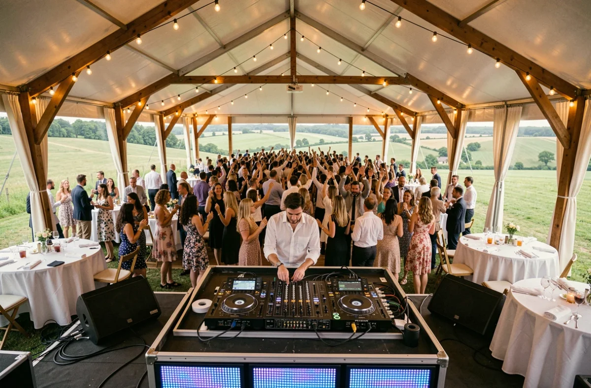 DJ professionnel en performance lors d'un événement festif en plein air dans l'Oise, avec foule dansante et décor champêtre