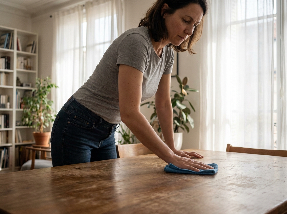 Femme faisant le ménage dans un appartement moderne à Hœnheim, essuyant une table en bois avec un chiffon microfibre