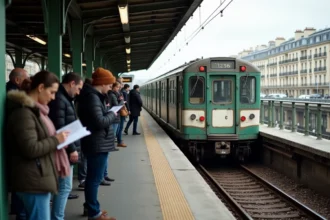 Quai de la ligne 6 du métro parisien en viaduc avec train arrivant en station