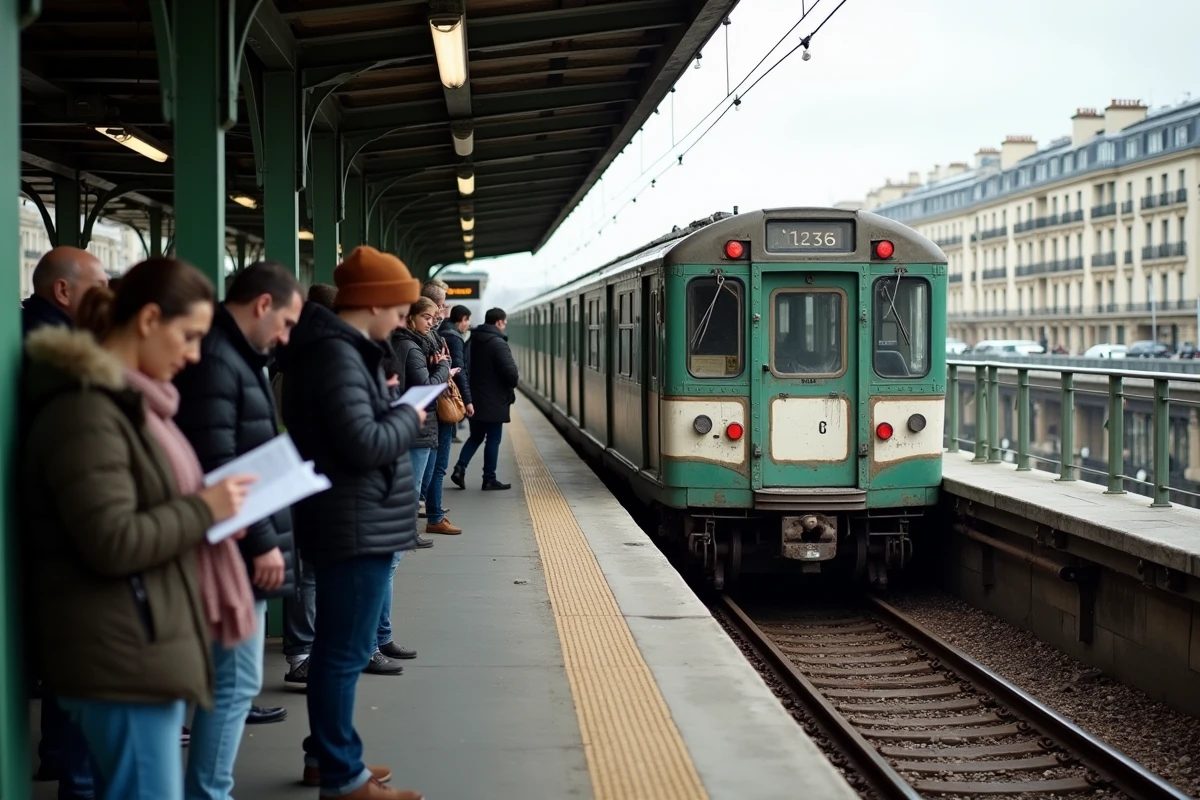 Quai de la ligne 6 du métro parisien en viaduc avec train arrivant en station