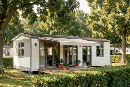 Mobil-home moderne installé dans un camping français entouré d'arbres, avec terrasse en bois et grandes fenêtres panoramiques