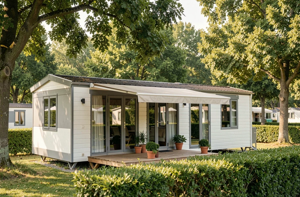 Mobil-home moderne installé dans un camping français entouré d'arbres, avec terrasse en bois et grandes fenêtres panoramiques