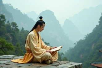 Moine bouddhiste en robes traditionnelles lisant un parchemin ancien dans un paysage de montagnes brumeuses inspiré du Voyage en Occident