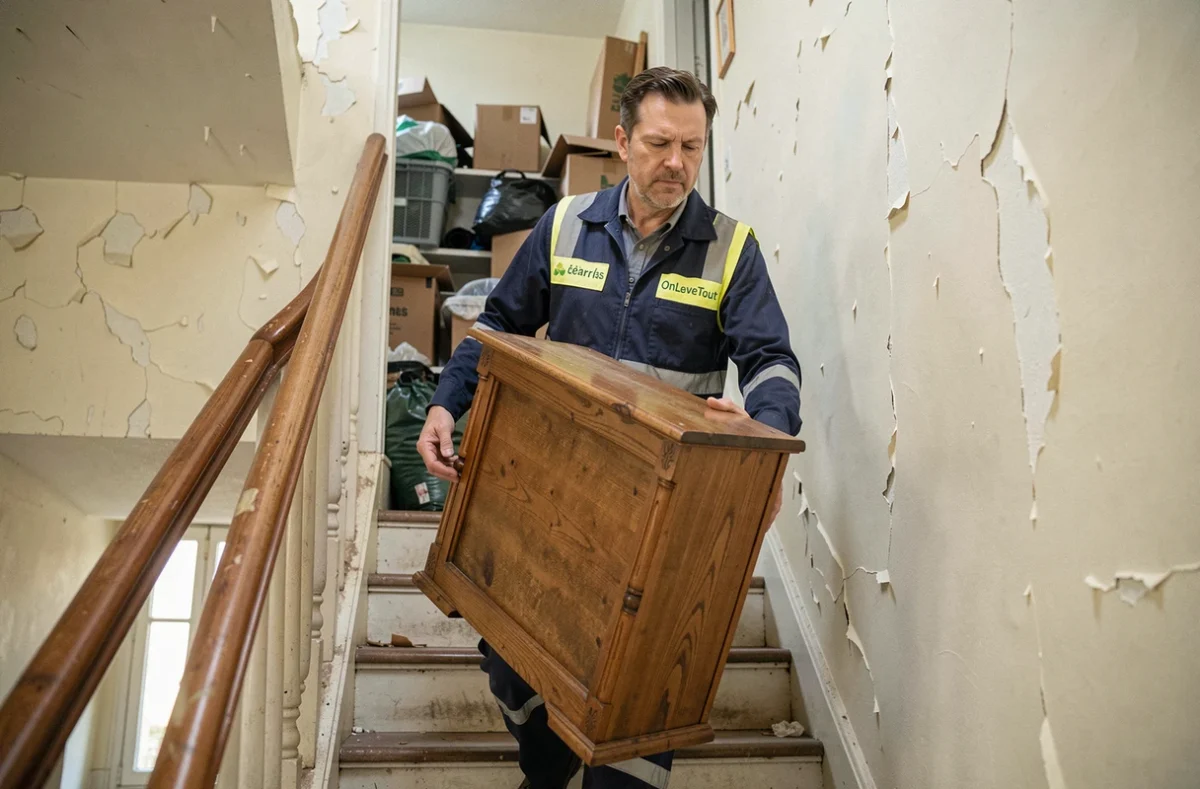 Agent de débarras OnLeveTout portant une étagère lors d'un vidage d'appartement encombré