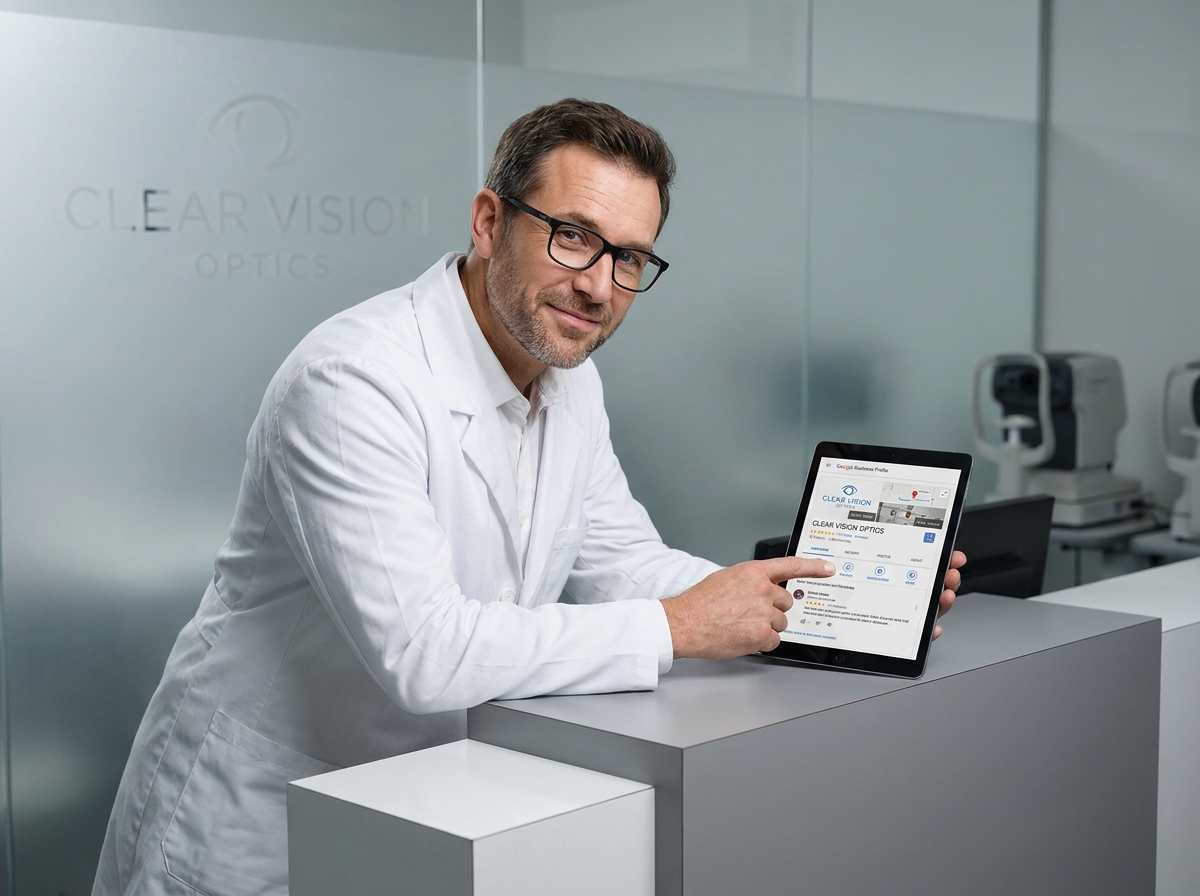 Opticien professionnel montrant les avis Google de sa boutique sur une tablette à la réception