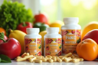 Divers compléments alimentaires sur une table avec des vitamines et minéraux