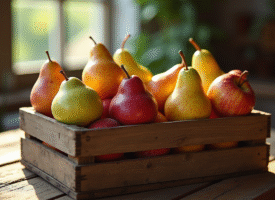 Sélection de fruits frais dans un panier en bois sur une table rustique