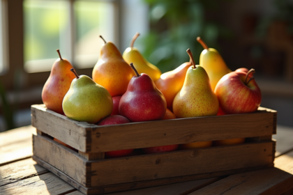 Sélection de fruits frais dans un panier en bois sur une table rustique