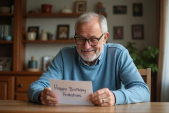Père souriant lisant une carte d anniversaire à la maison