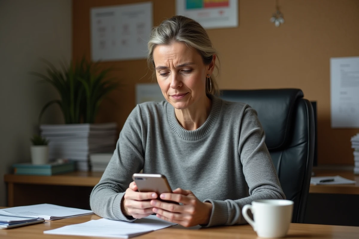 Femme consultant son téléphone face à un planning de parloir complet sans créneaux disponibles