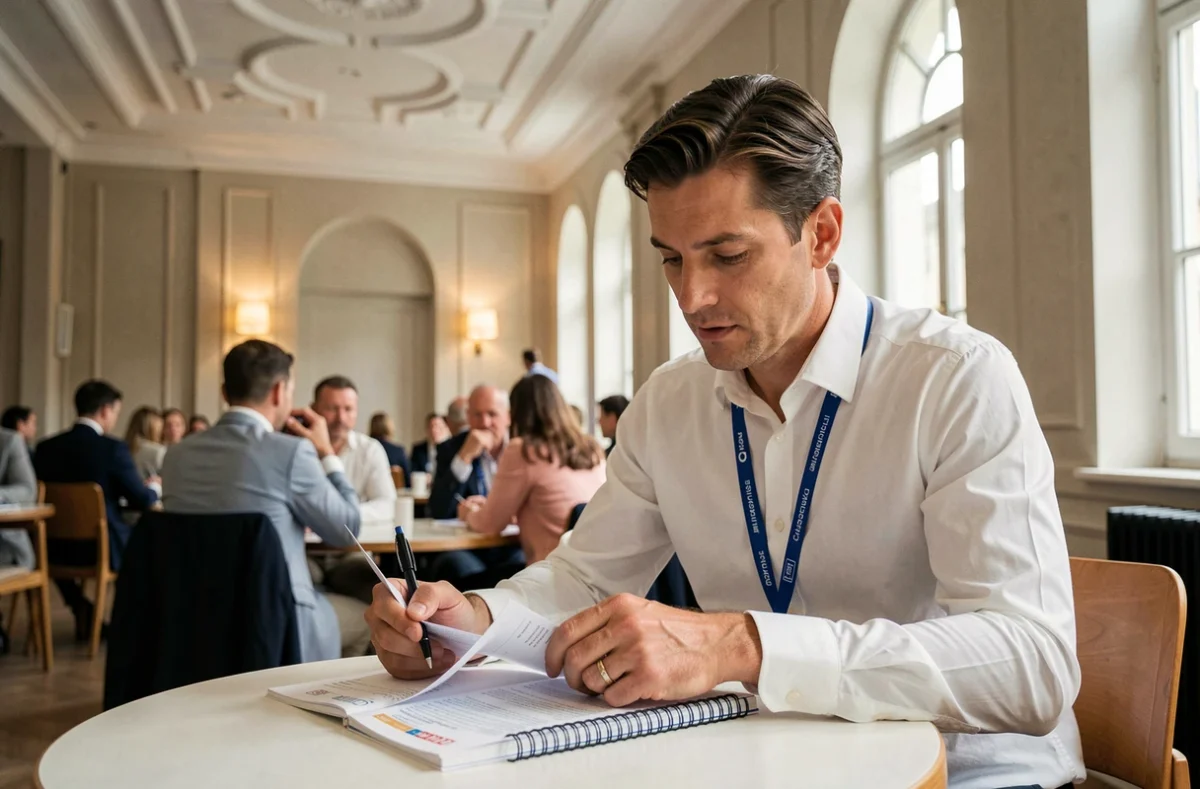 Participant au congrès UINL Paris prenant des notes sur le guide officiel pour éviter les erreurs d'organisation