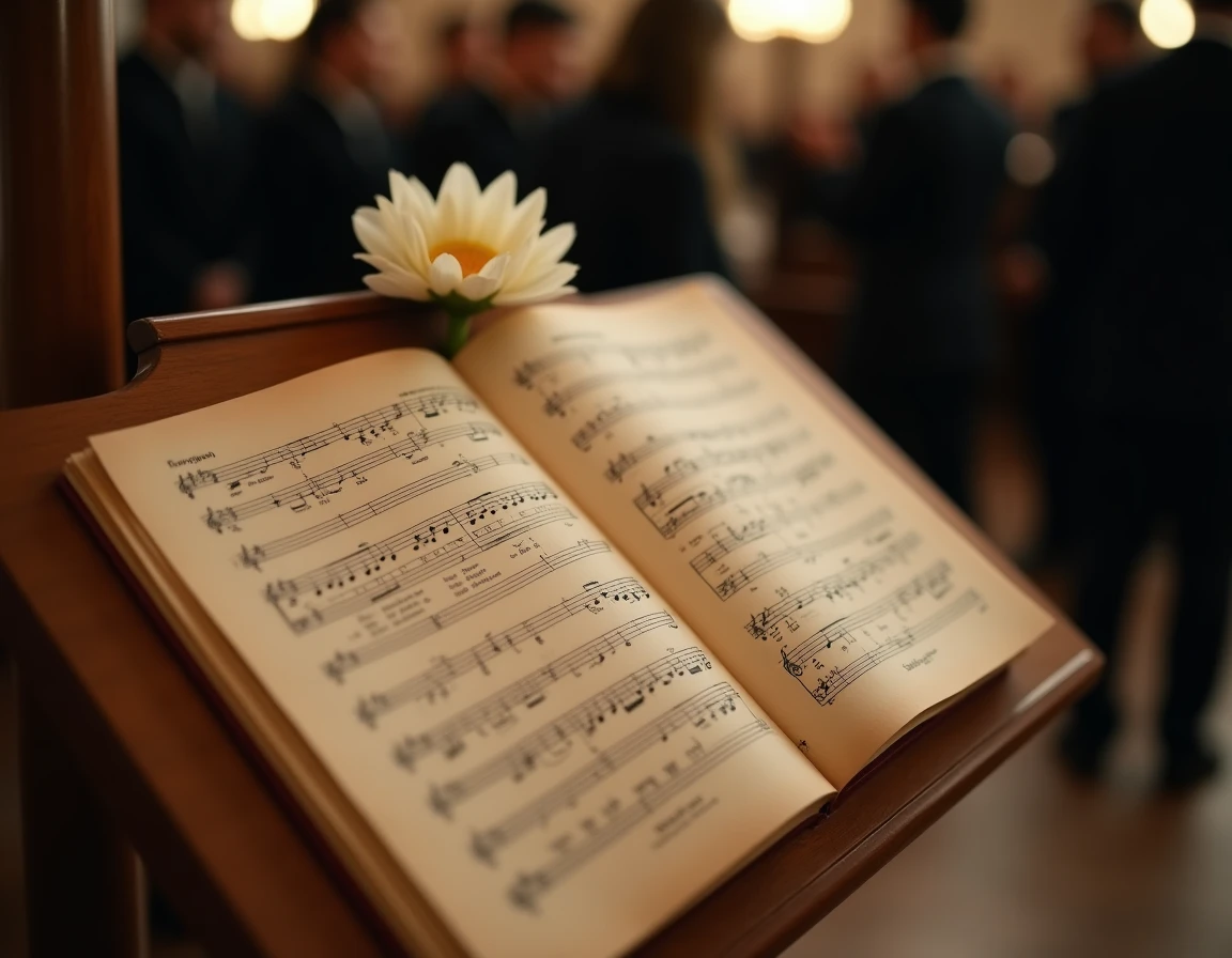 Partition de musique annotée sur pupitre lors d'une cérémonie funèbre au crématorium