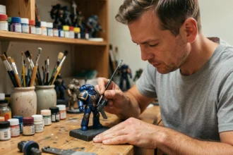 Homme peignant une figurine Warhammer Space Marine à son bureau de hobby avec des pots de peinture et des pinceaux autour de lui