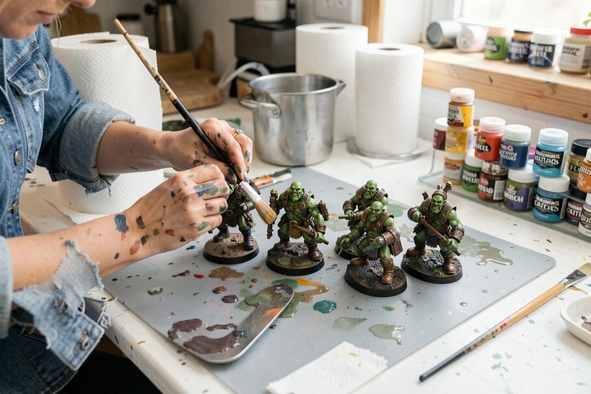 Femme peignant en série plusieurs figurines Warhammer Ork sur une palette humide pour gagner du temps